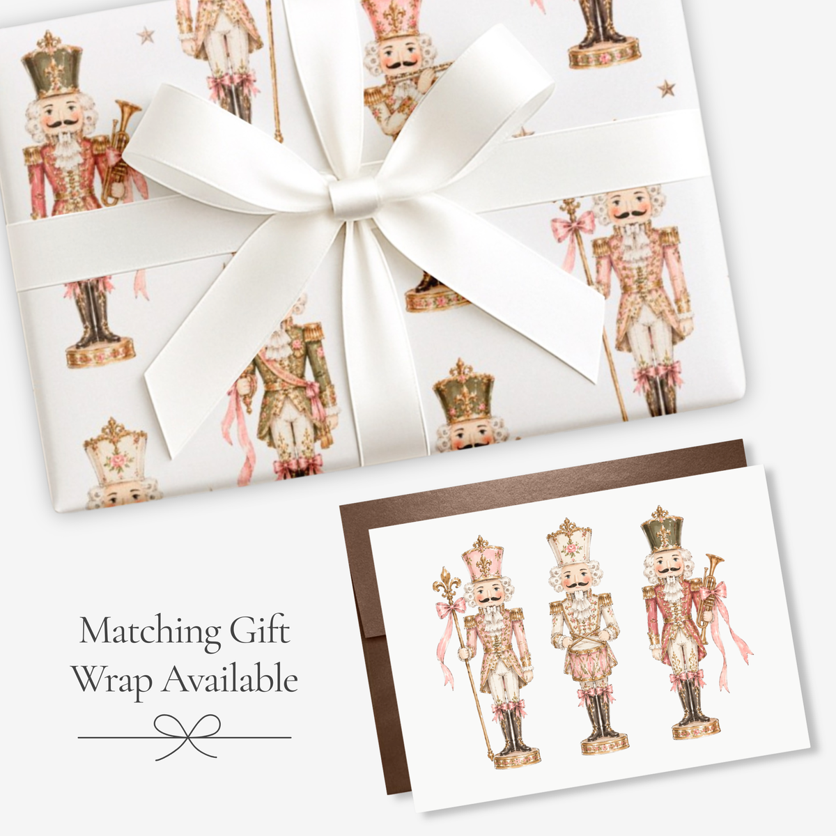 Pink nutcracker Christmas card with matching vintage-style nutcracker gift wrap tied with a white satin bow