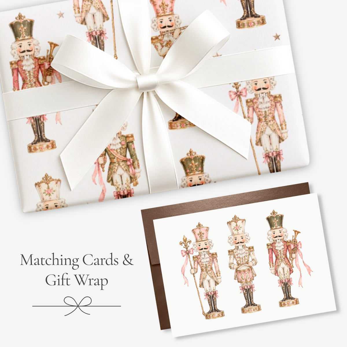 Pink nutcracker Christmas card with matching vintage-style nutcracker gift wrap tied with a white satin bow