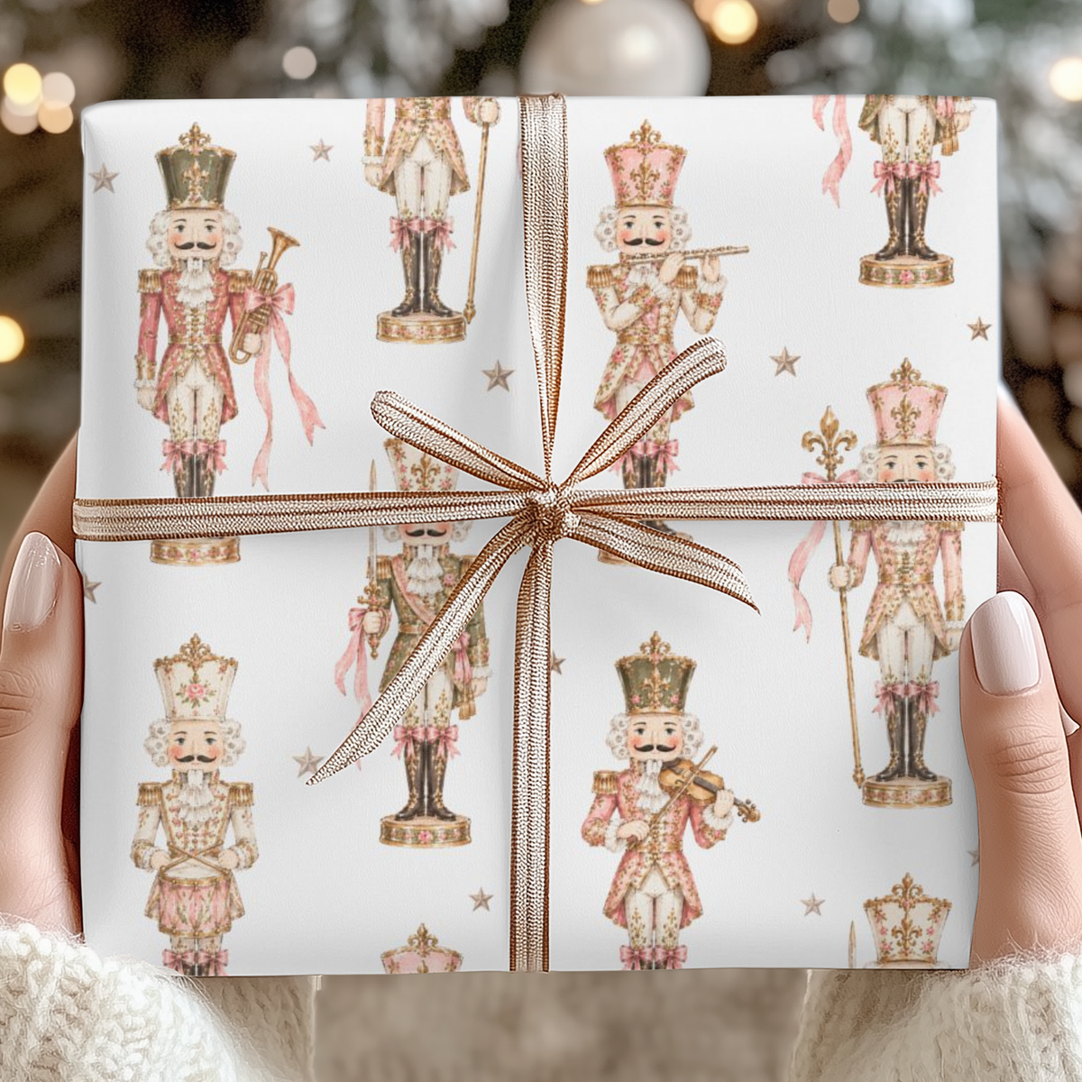 Hands holding a Christmas gift wrapped in vintage-style pink nutcracker wrapping paper with a copper striped ribbon bow