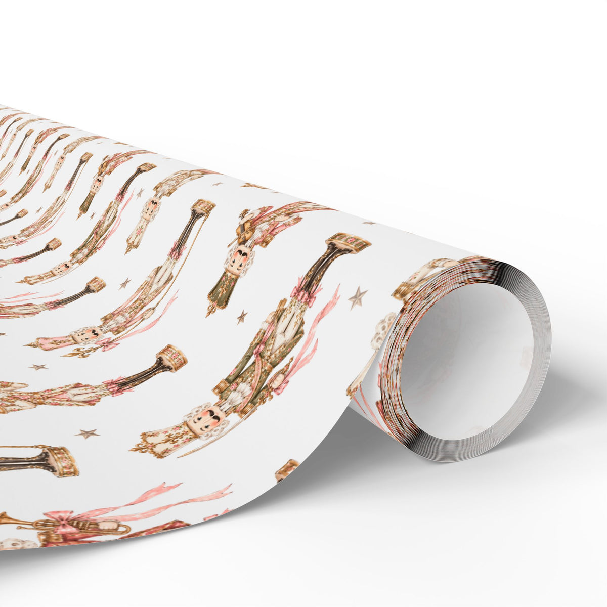 Roll of vintage-style pink nutcracker Christmas wrapping paper with blush and cream nutcracker soldiers, pink nutcracker gift wrap roll