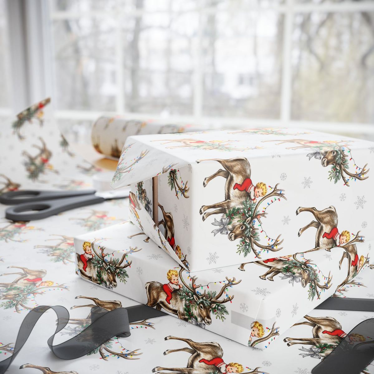 Baby shower wrapping paper with a vintage-style print of babies and reindeer decorated with Christmas lights and everygreen.
