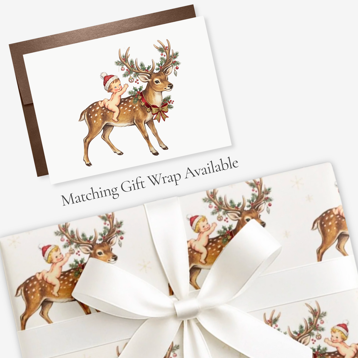 Vintage-style Oh Deer reindeer Christmas card with a baby in a red Santa hat and matching reindeer gift wrap, tied with white satin ribbon