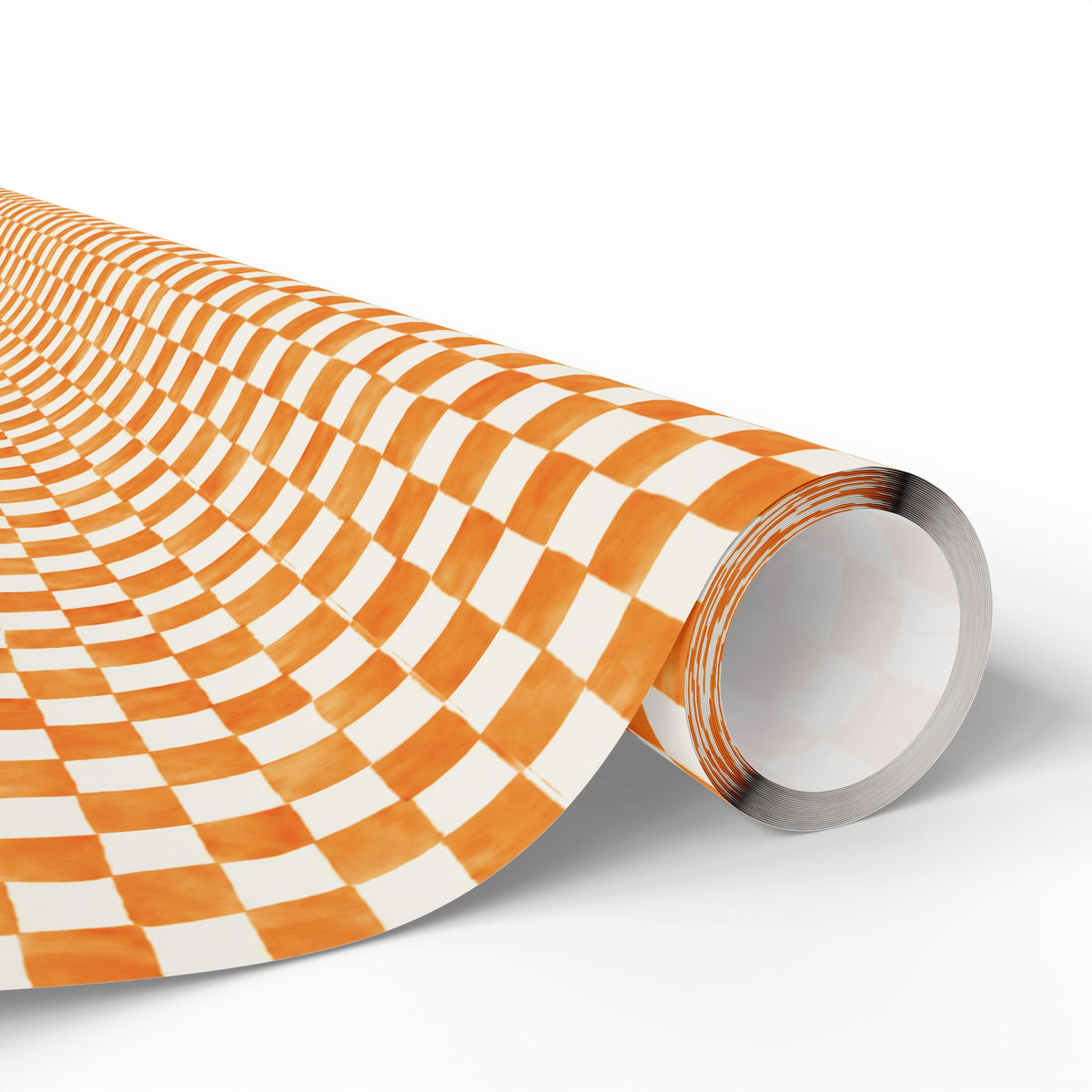A roll of wrapping paper featuring a checkerboard pattern in orange and soft white, shown on a clean white background.