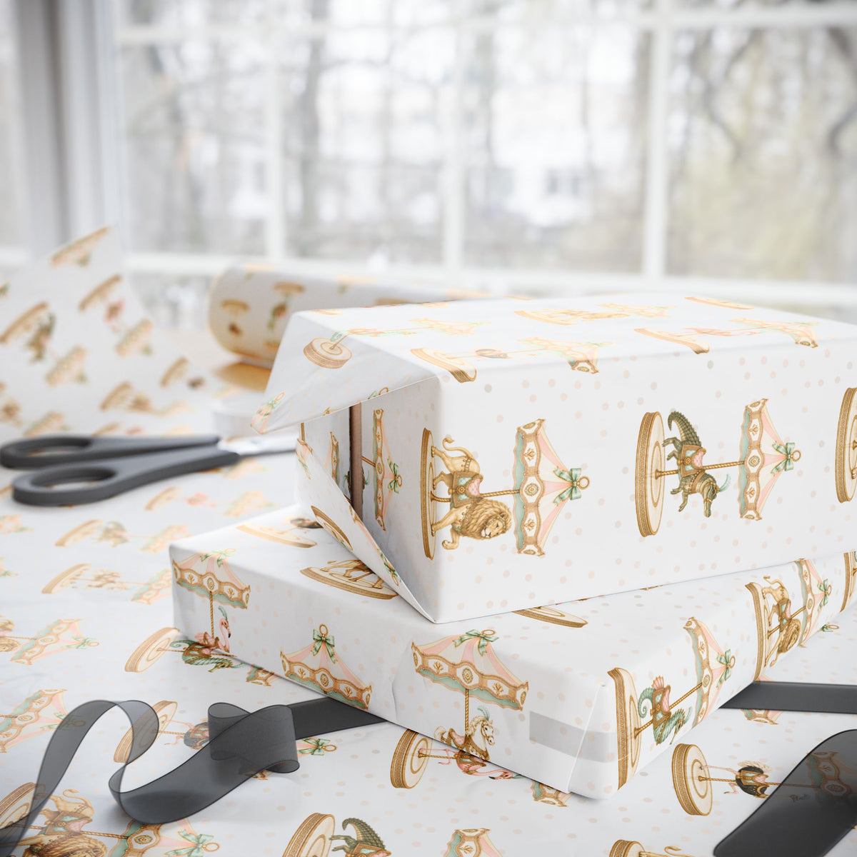 Stack of gifts wrapped in Palm Beach Carousel Wrapping Paper with carousel animals, pastel canopies, and gold detailing.