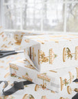 Stack of gifts wrapped in Palm Beach Carousel Wrapping Paper with carousel animals, pastel canopies, and gold detailing.