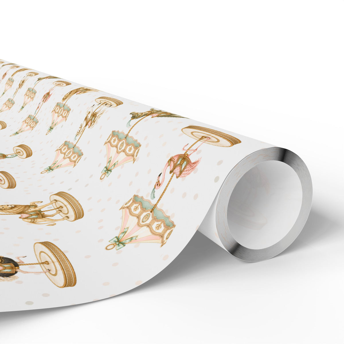 Roll of Palm Beach Carousel Wrapping Paper featuring carousel animals beneath pastel pink and mint canopies.