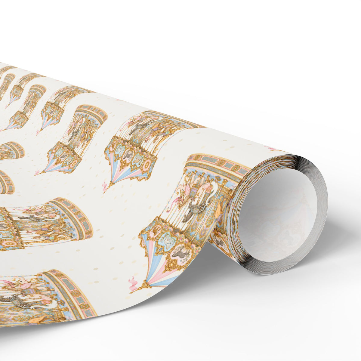 Rolled carousel wrapping paper in blush and blue with vintage style merry go round animals.