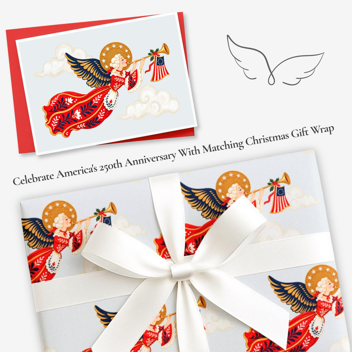 Vintage-style patriotic angel Christmas card with matching American flag angel gift wrap, tied with white satin ribbon