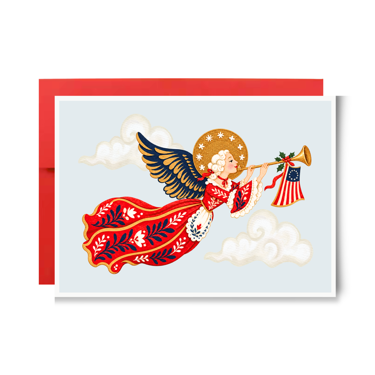 Vintage-style angel in a red folk-pattern gown with navy wings blowing a trumpet with an American flag banner, patriotic angel Christmas card