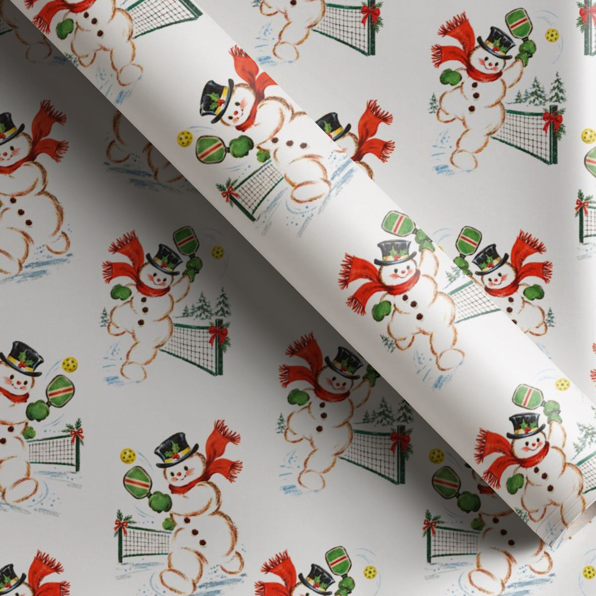 Vintage-style pickleball Christmas wrapping paper with retro snowmen in top hats and red scarves playing pickleball on a snowy court.