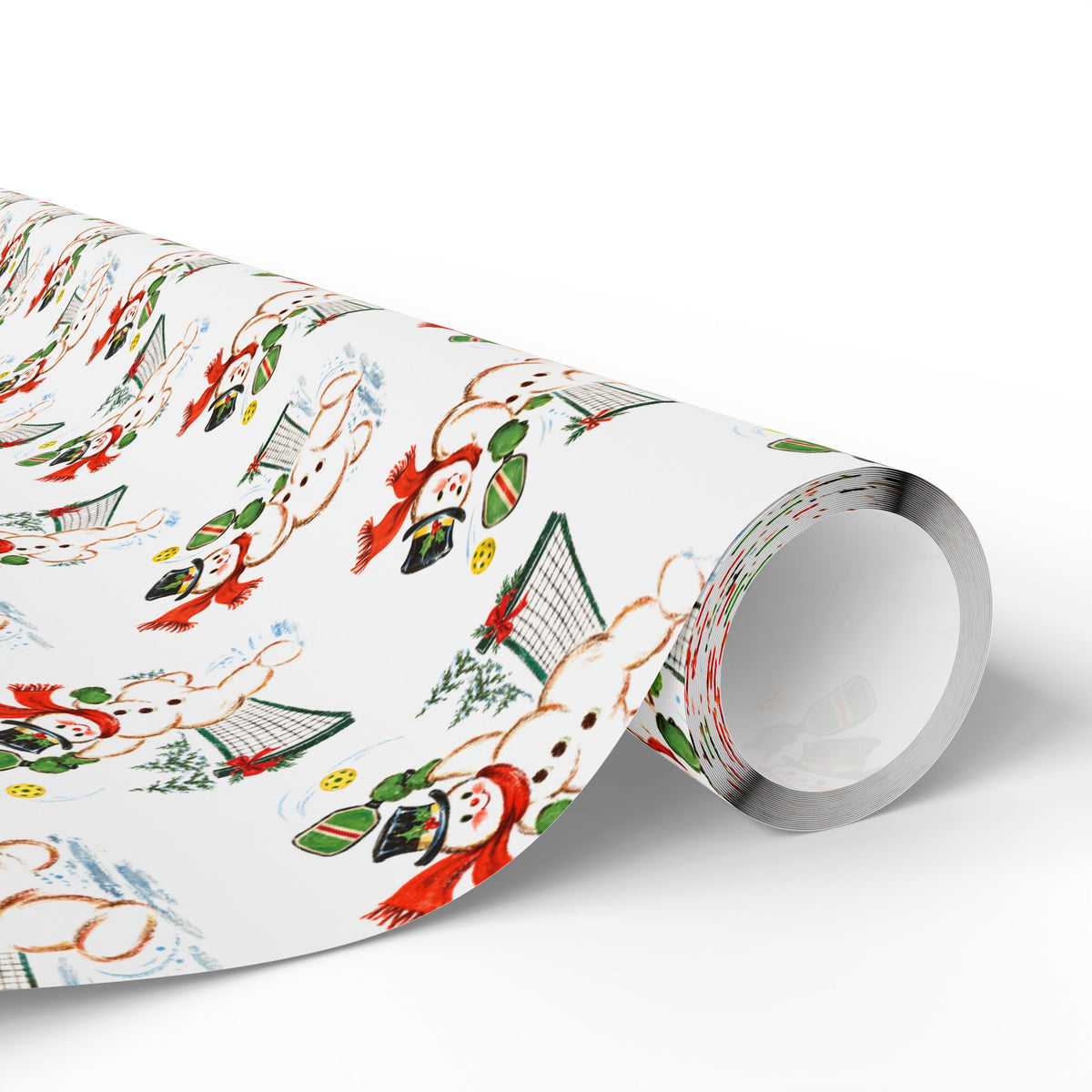 Vintage snowman pickleball Christmas gift wrap showing a snowman with a green paddle, a yellow pickleball and a net with a red bow.