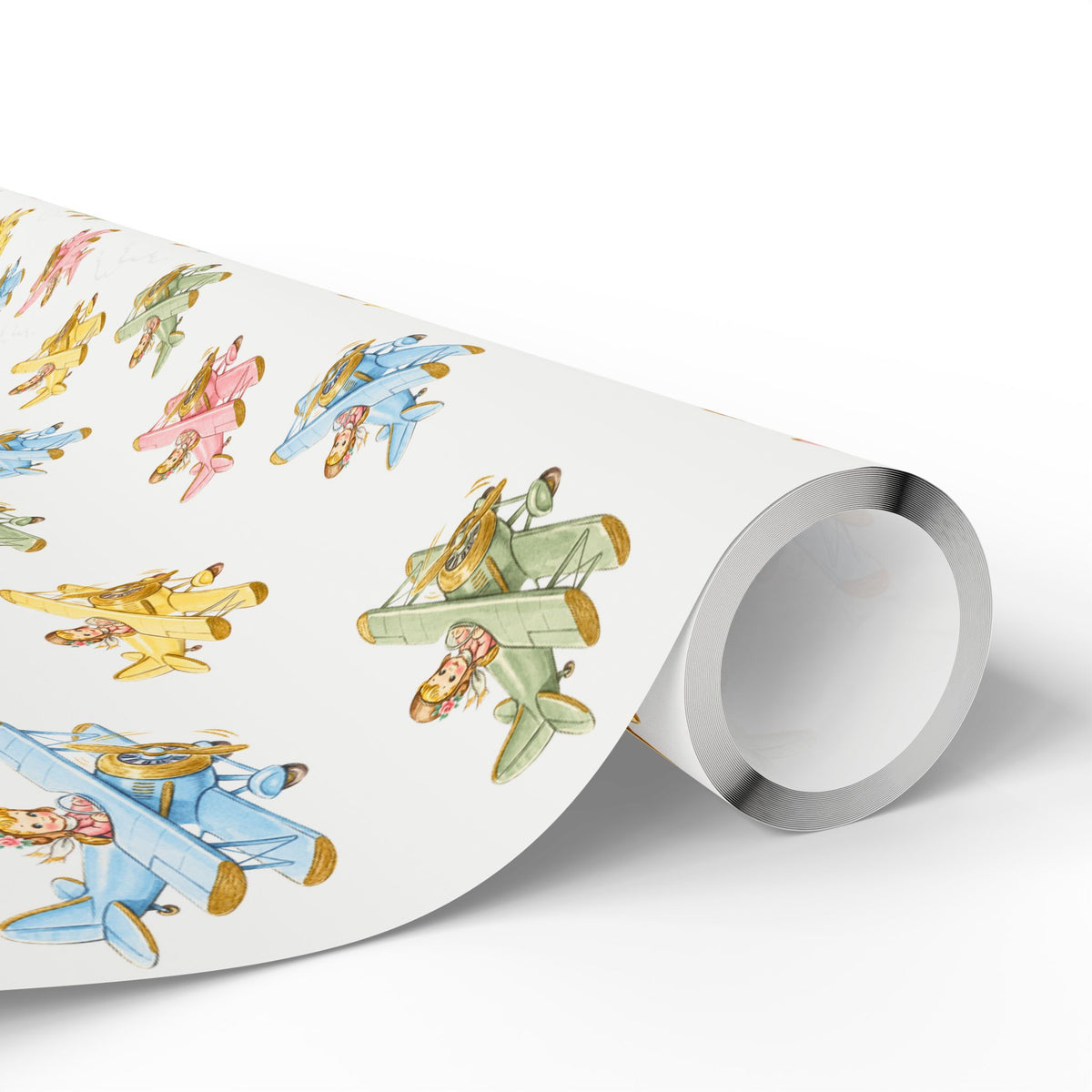 Roll of wrapping paper with pastel biplane pattern on a light background.