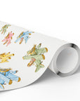 Roll of wrapping paper with pastel biplane pattern on a light background.