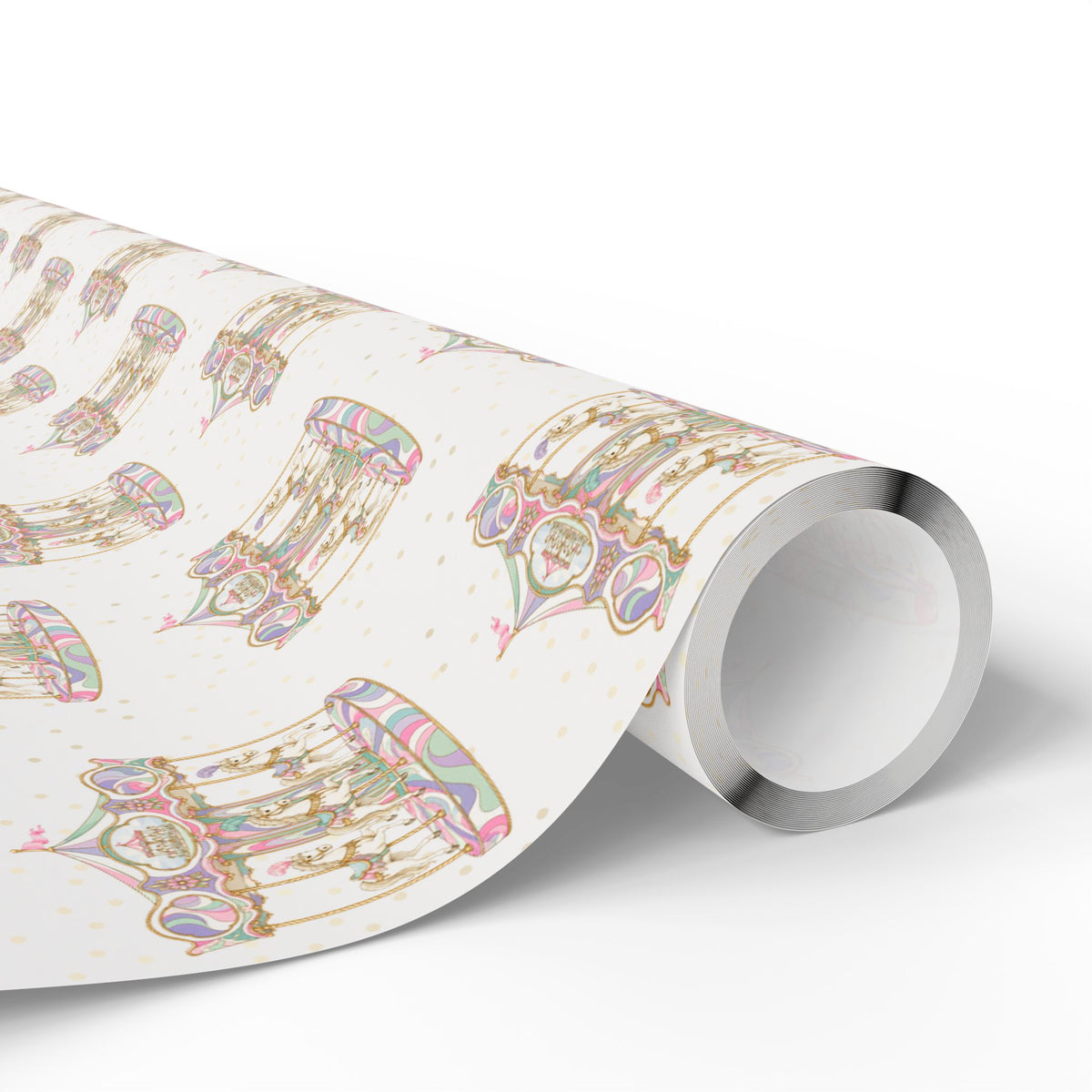 A roll of wrapping paper featuring a whimsical pastel carousel pattern on a white background, shown partially unrolled.