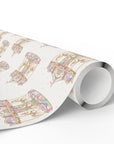 A roll of wrapping paper featuring a whimsical pastel carousel pattern on a white background, shown partially unrolled.