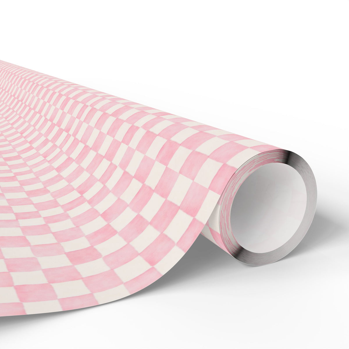 A roll of wrapping paper with a pink and white gingham pattern, shown partially unrolled on a clean white background.