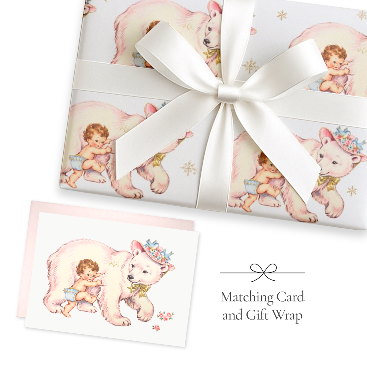 Polar bear baby girl wrapping paper with matching winter baby shower card and white ribbon