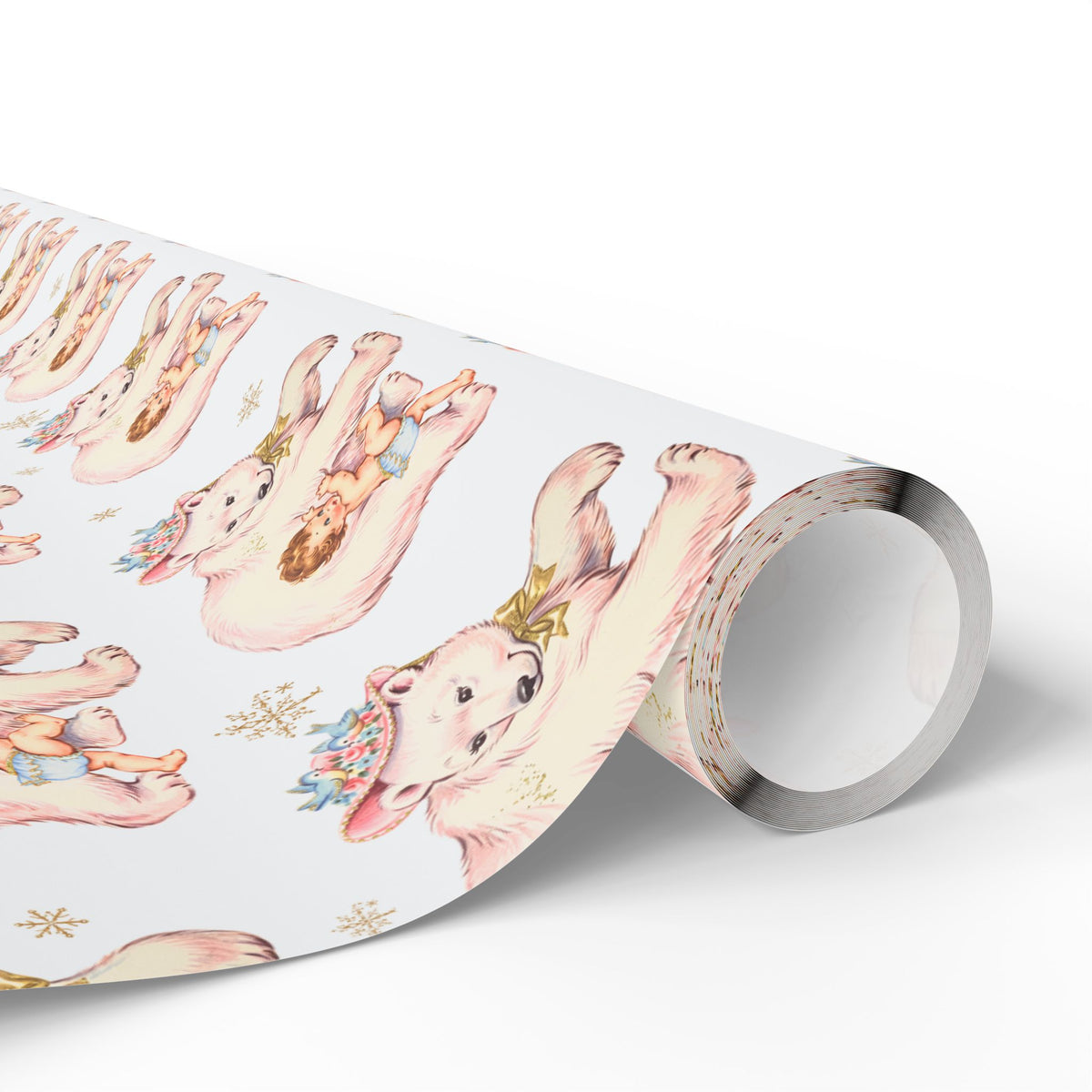 Roll of polar bear baby girl wrapping paper, vintage-inspired winter baby shower gift wrap