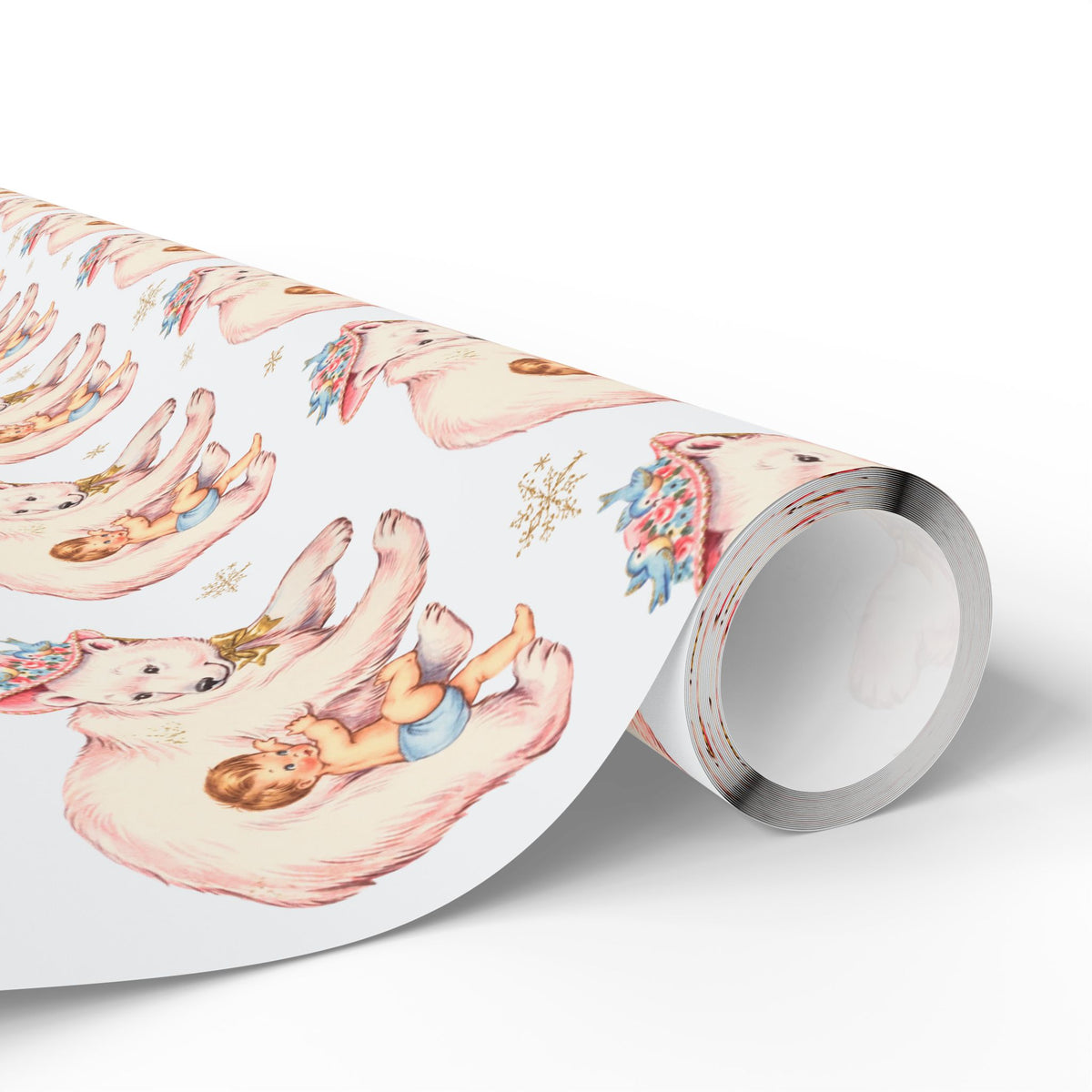 Roll of polar bear hug baby boy gift wrap, vintage-style winter baby shower wrapping paper