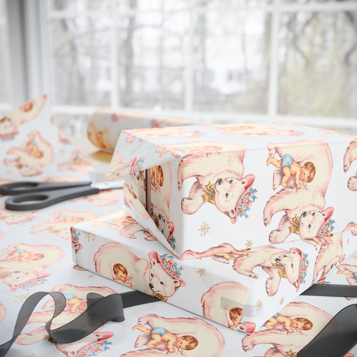Polar bear hug baby boy gift wrap on wrapped presents, cozy winter baby shower wrapping paper