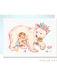 Vintage-inspired storybook greeting card illustration of a baby boy climbing a gentle polar bear with blue roses, by Harlow Day.