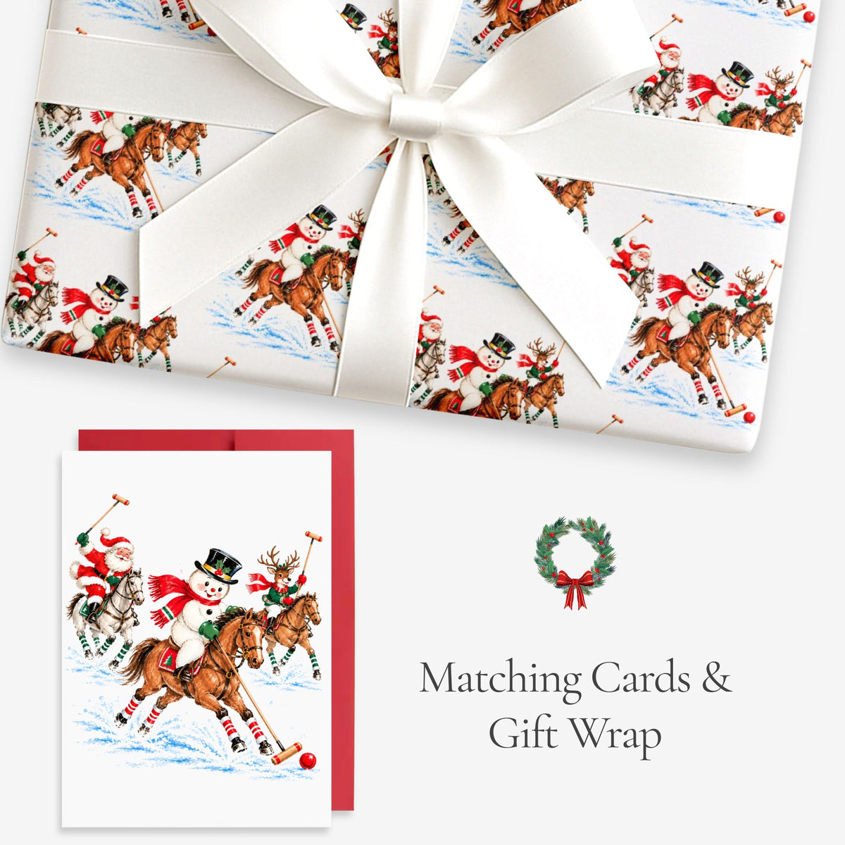 Vintage-style polo Christmas card with matching Santa polo gift wrap, Santa, a snowman and a reindeer on horseback, tied with white satin ribbon