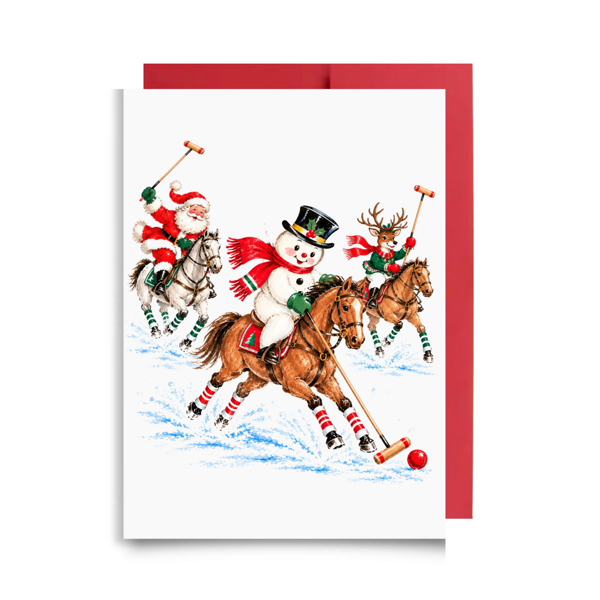 Vintage-style polo Christmas card with Santa, a snowman in a top hat and a reindeer on horseback swinging polo mallets through the snow