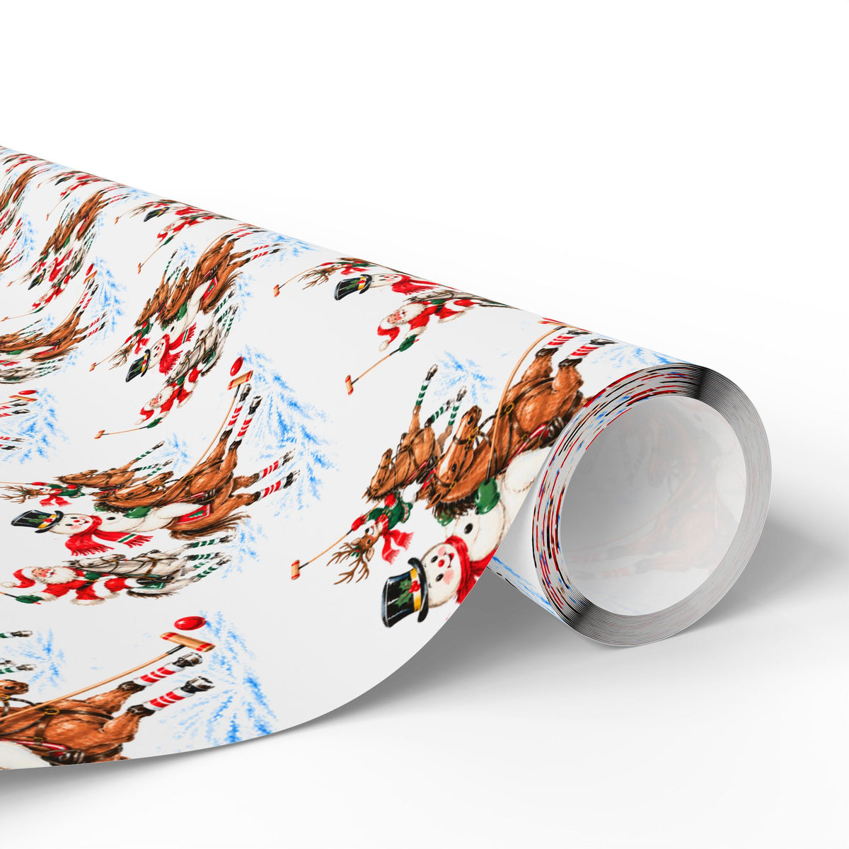 Roll of vintage-style polo match Christmas wrapping paper with Santa, a snowman and a reindeer riding ponies among snowy pine trees