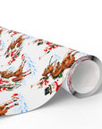 Roll of vintage-style polo match Christmas wrapping paper with Santa, a snowman and a reindeer riding ponies among snowy pine trees