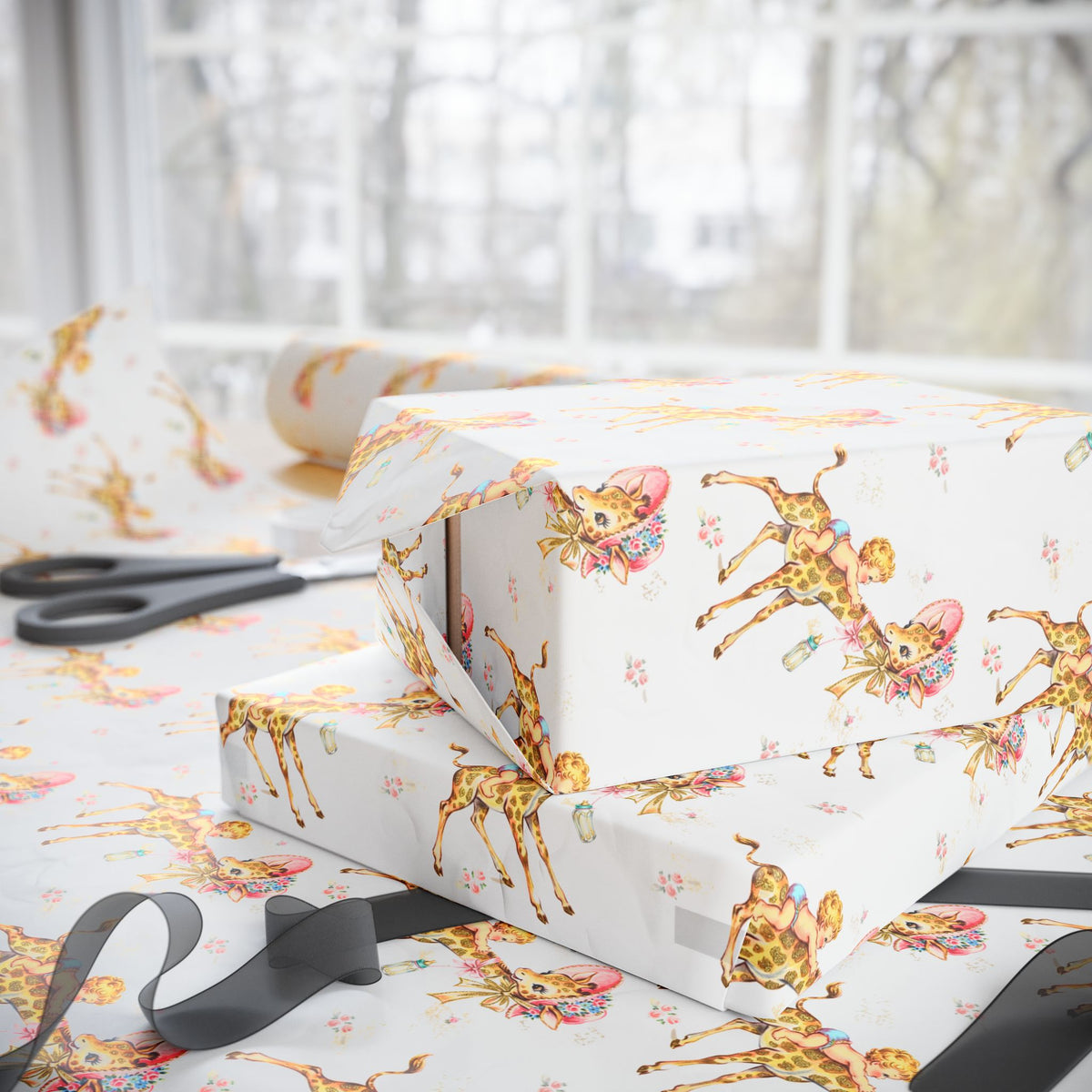 Wrapped presents in retro giraffe baby boy wrapping paper on a gift wrapping table with scissors and ribbon by a sunny window