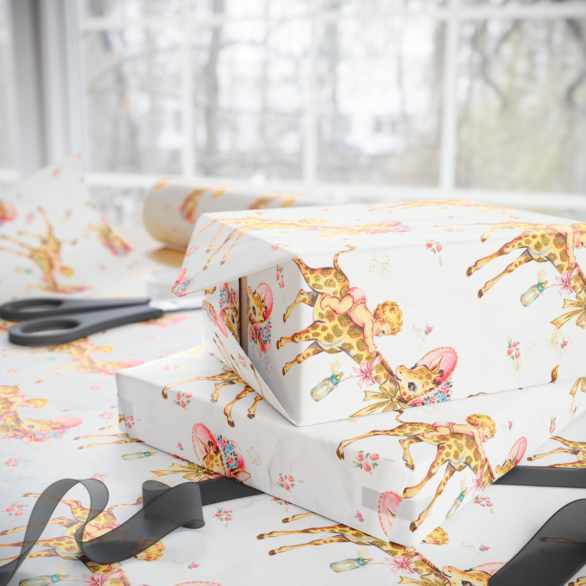 Wrapped presents in retro giraffe baby girl wrapping paper on a gift wrapping table with scissors and ribbon by a sunny window