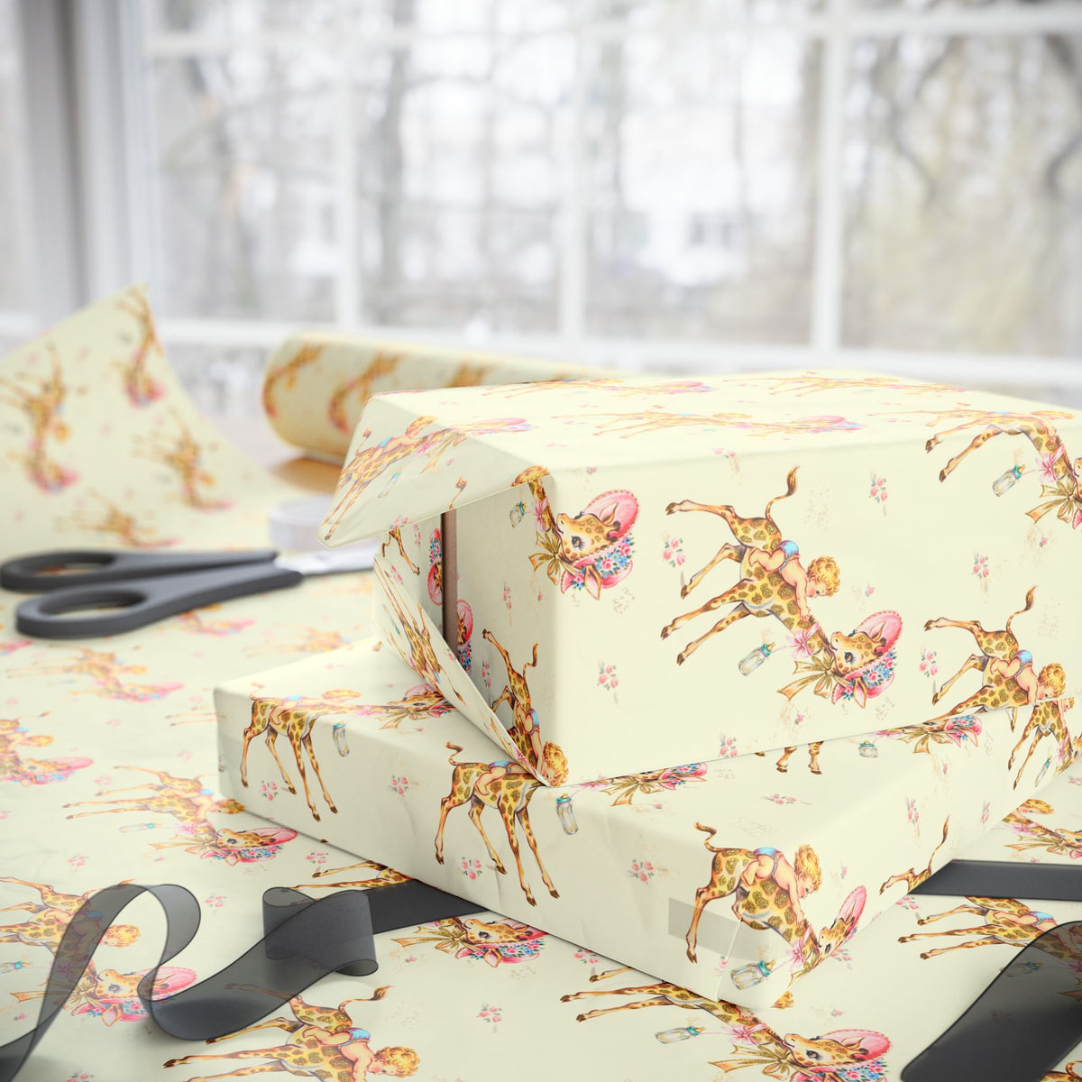 Wrapped presents in retro safari giraffe wrapping paper on a gift wrapping table with scissors and ribbon by a sunny window
