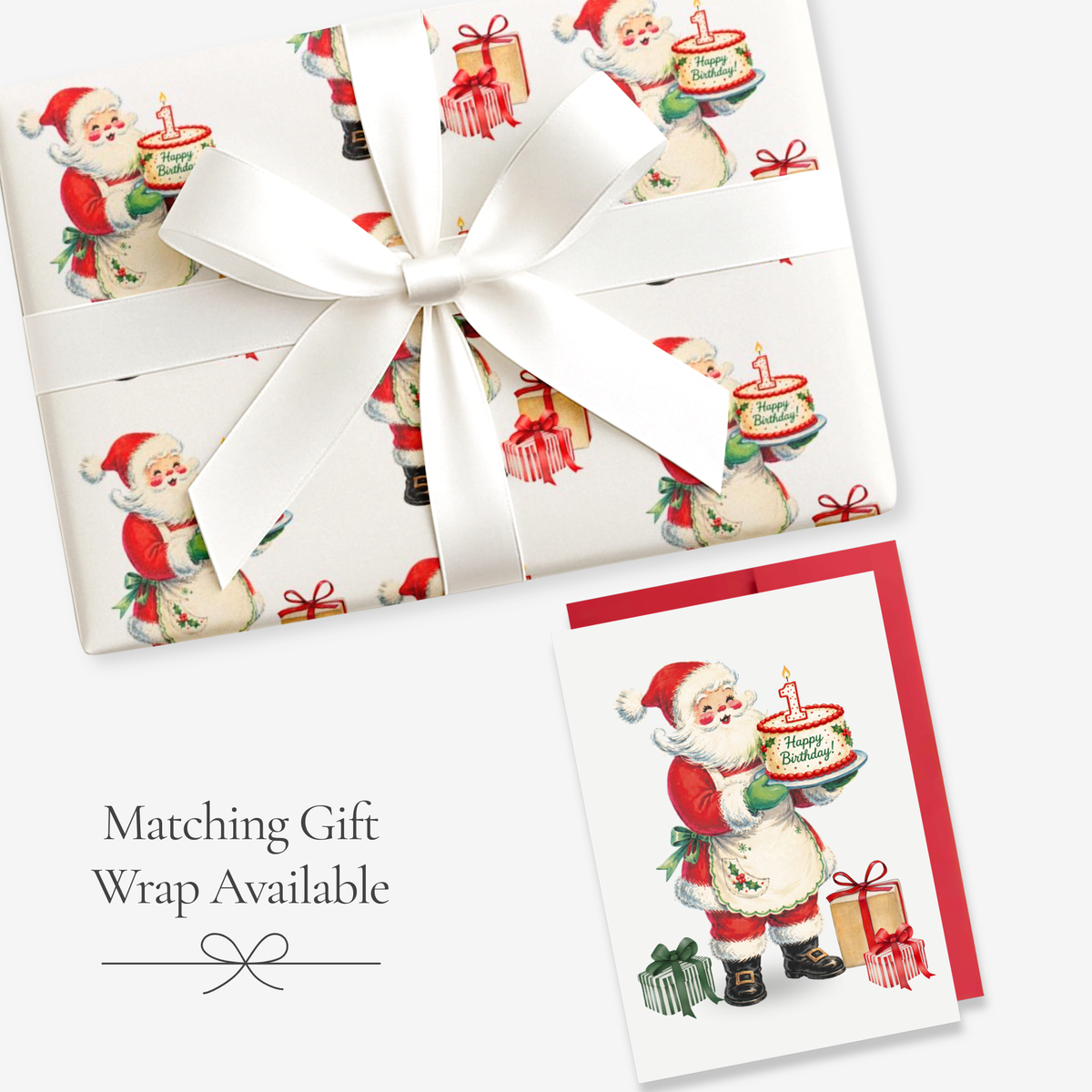 Vintage-style Santa first birthday card with matching Christmas birthday gift wrap, Santa holding a cake with a number one candle, tied with white satin ribbon