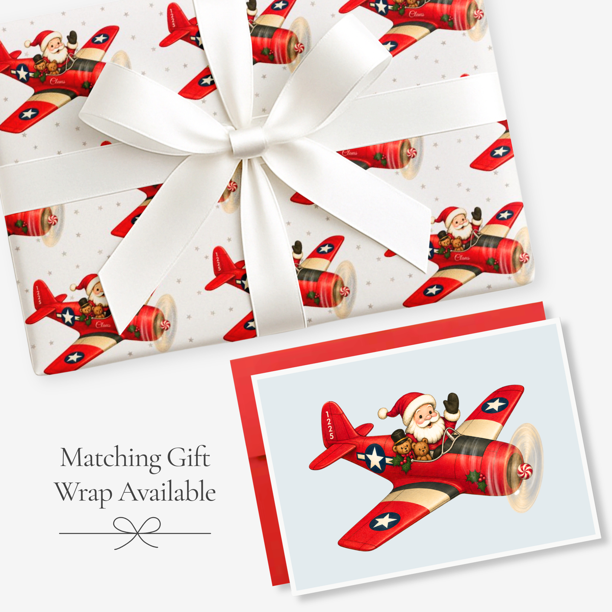 Vintage-style Santa pilot Christmas card in a red airplane with matching red airplane gift wrap, tied with white satin ribbon