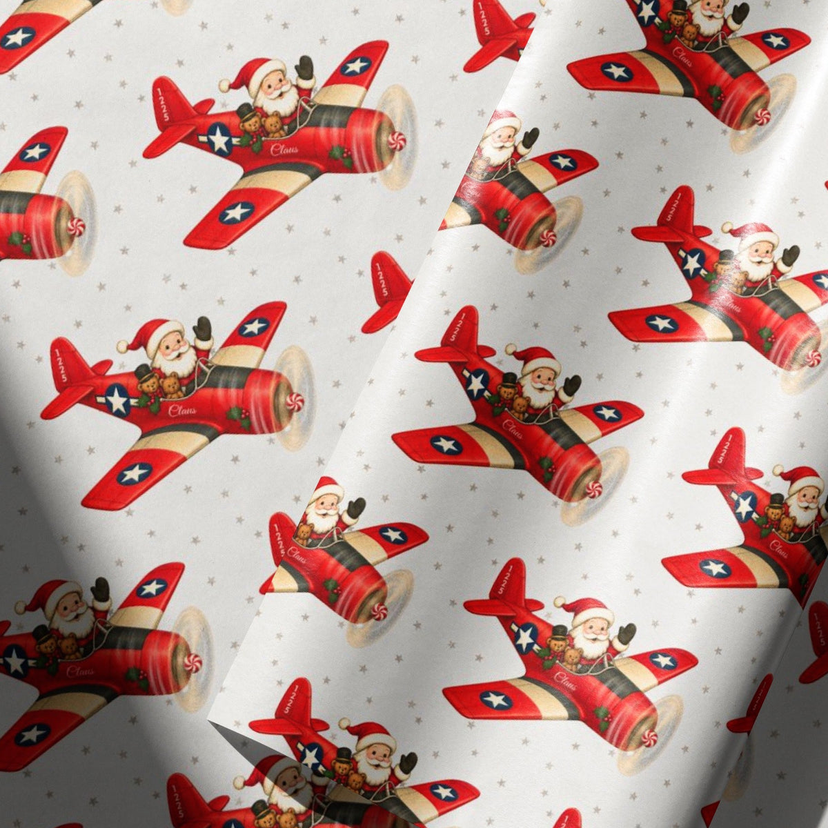 Ivory wrapping paper with a repeating pattern featuring Santa Claus flying vintage red airplanes with a star insignia.