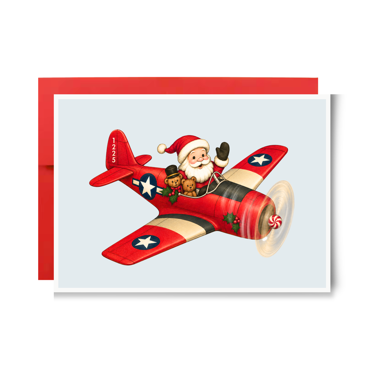 Vintage-style Santa pilot waving from a red airplane with star emblems and a candy-striped propeller, Santa pilot Christmas card