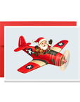 Vintage-style Santa pilot waving from a red airplane with star emblems and a candy-striped propeller, Santa pilot Christmas card