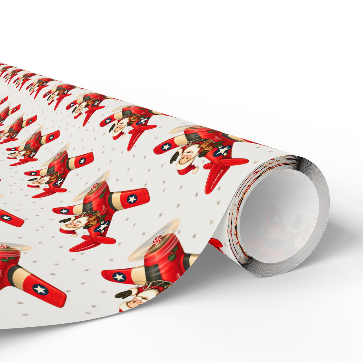 A roll of Christmas gift wrap featuring red airplanes piloted by Santa Clause.