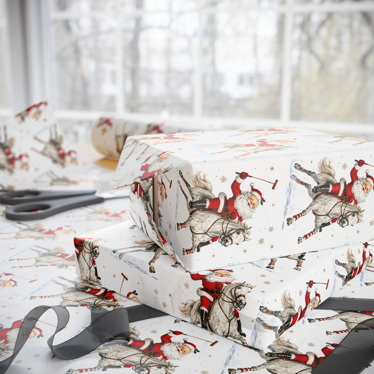 Christmas-themed wrapping paper with a vintage Santa Claus on a horse playing polo, shown wrapped around gift boxes on a table near a window.