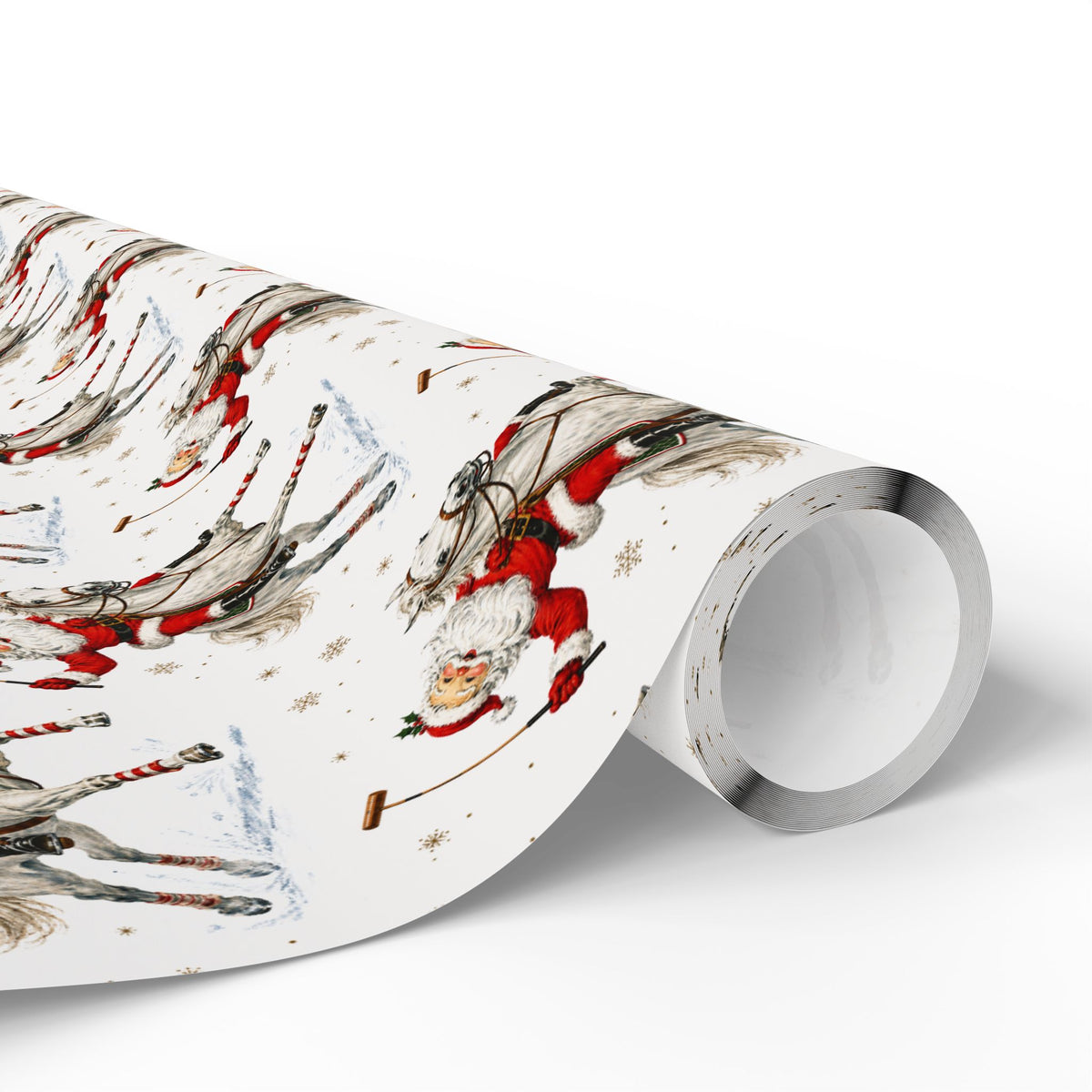 A roll of wrapping paper featuring a whimsical illustration of Santa Claus playing polo in the snow on a white background.