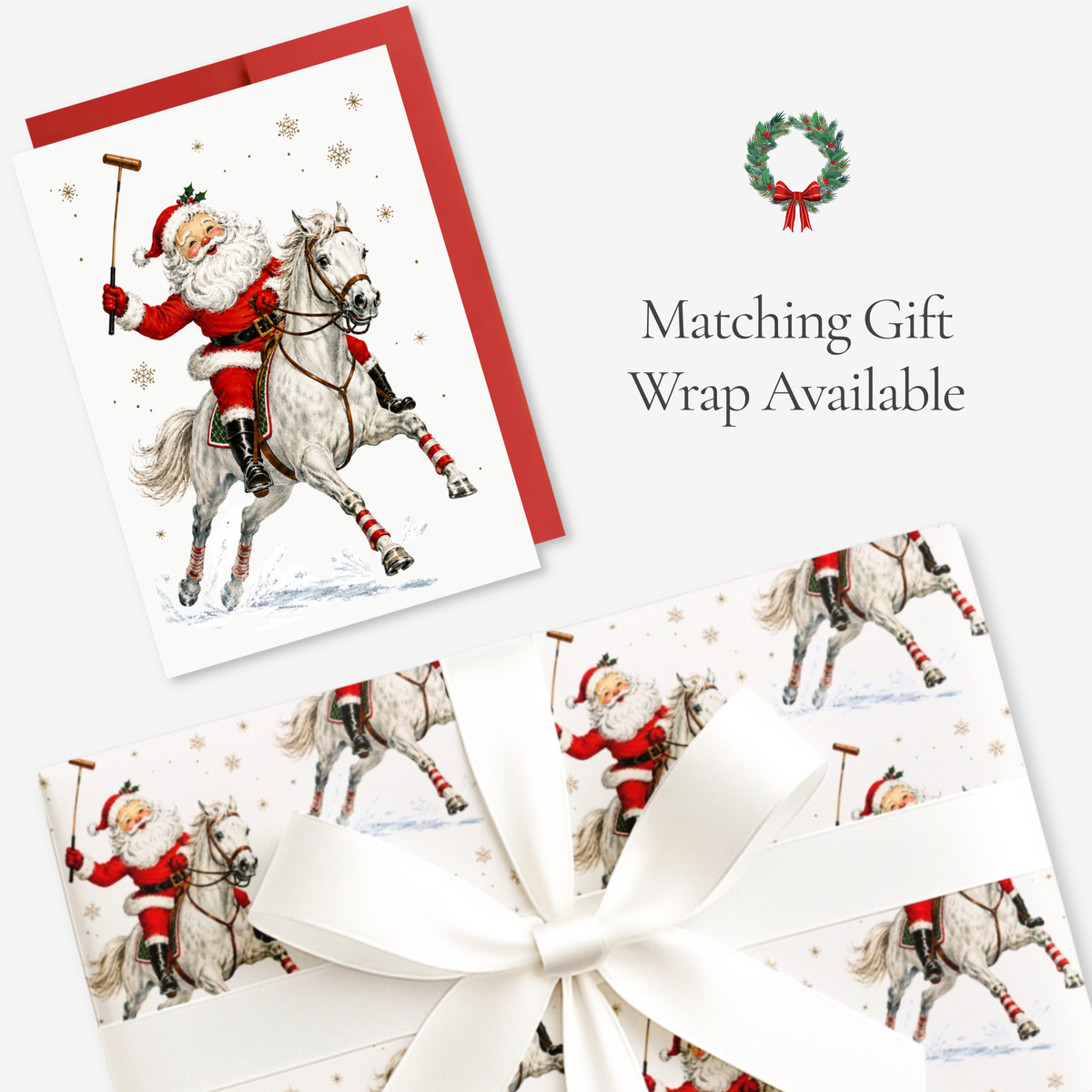 Vintage-style Santa polo Christmas card with matching Santa on a gray horse gift wrap, tied with white satin ribbon