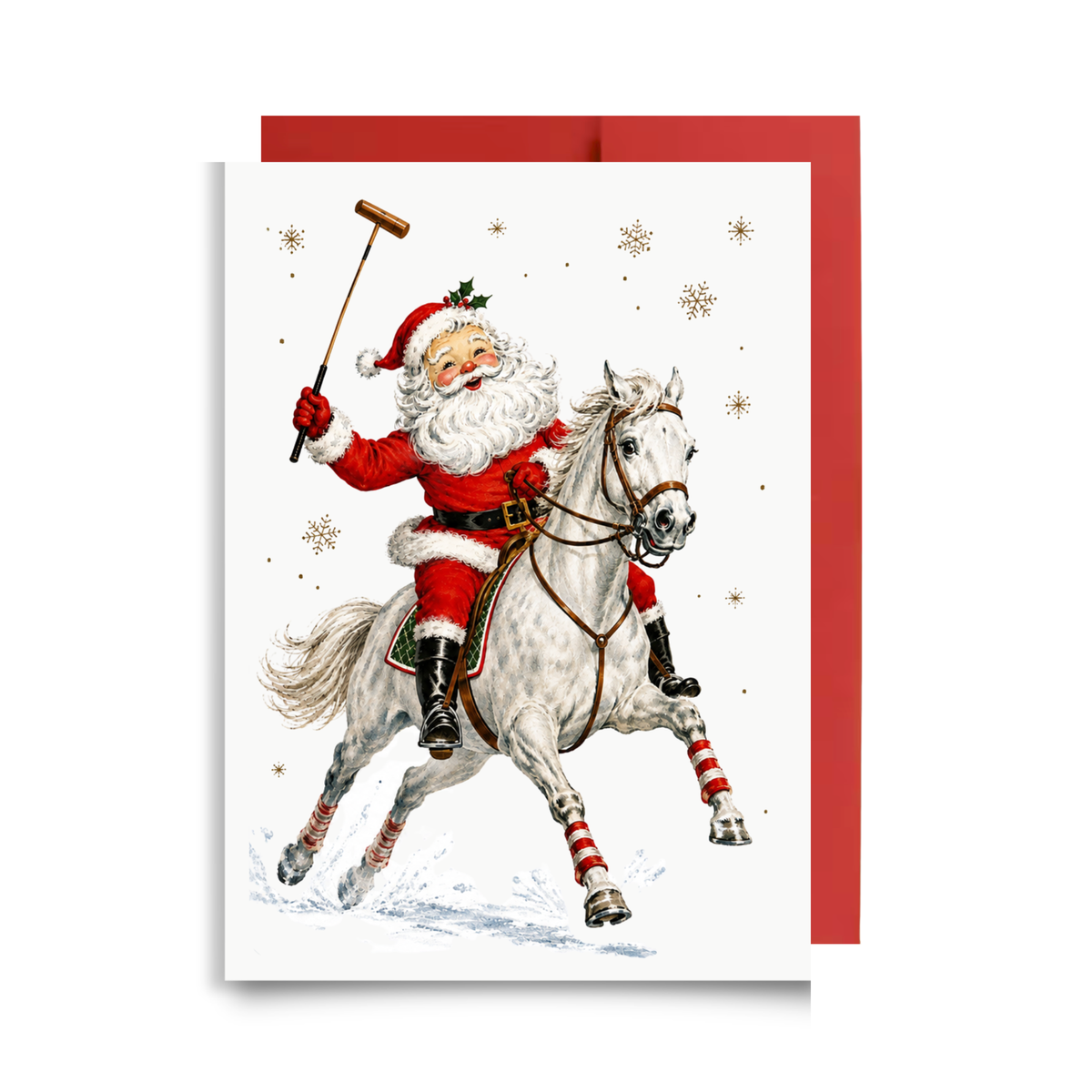Vintage-style Santa riding a galloping gray horse with a polo mallet raised, Santa polo Christmas card