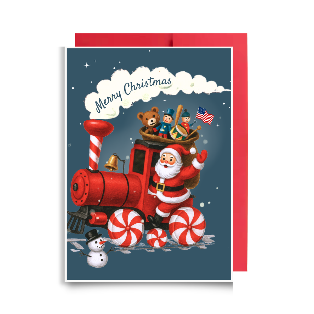 Vintage-style Santa driving a red steam train with peppermint candy wheels and a Merry Christmas steam cloud, Santa train Christmas card