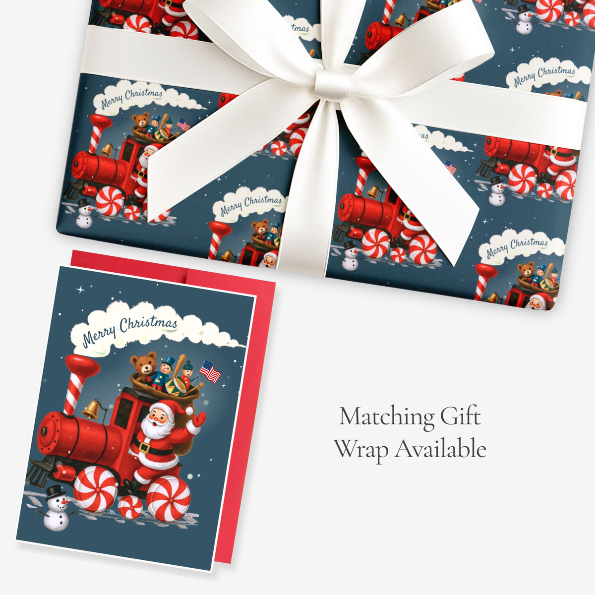 Vintage-style Santa steam train Christmas card with matching red train gift wrap, tied with white satin ribbon