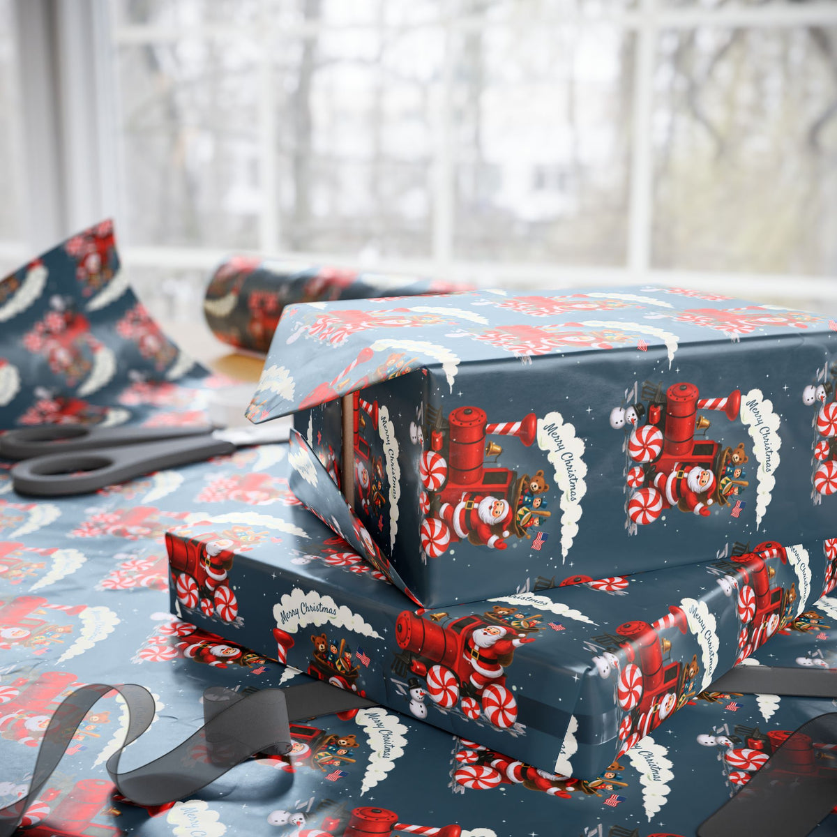 Holiday-themed wrapping paper with Santa Claus, a red train and candy cane pattern on a navy background, shown wrapped around gift boxes on a table with scissors and wrapping ribbon near a window.