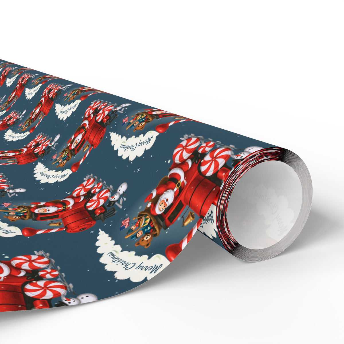 A roll of Christmas wrapping paper with a festive pattern of Santa Claus, red trains, candy canes, white clouds, and the text 'Merry Christmas' on a dark blue background.
