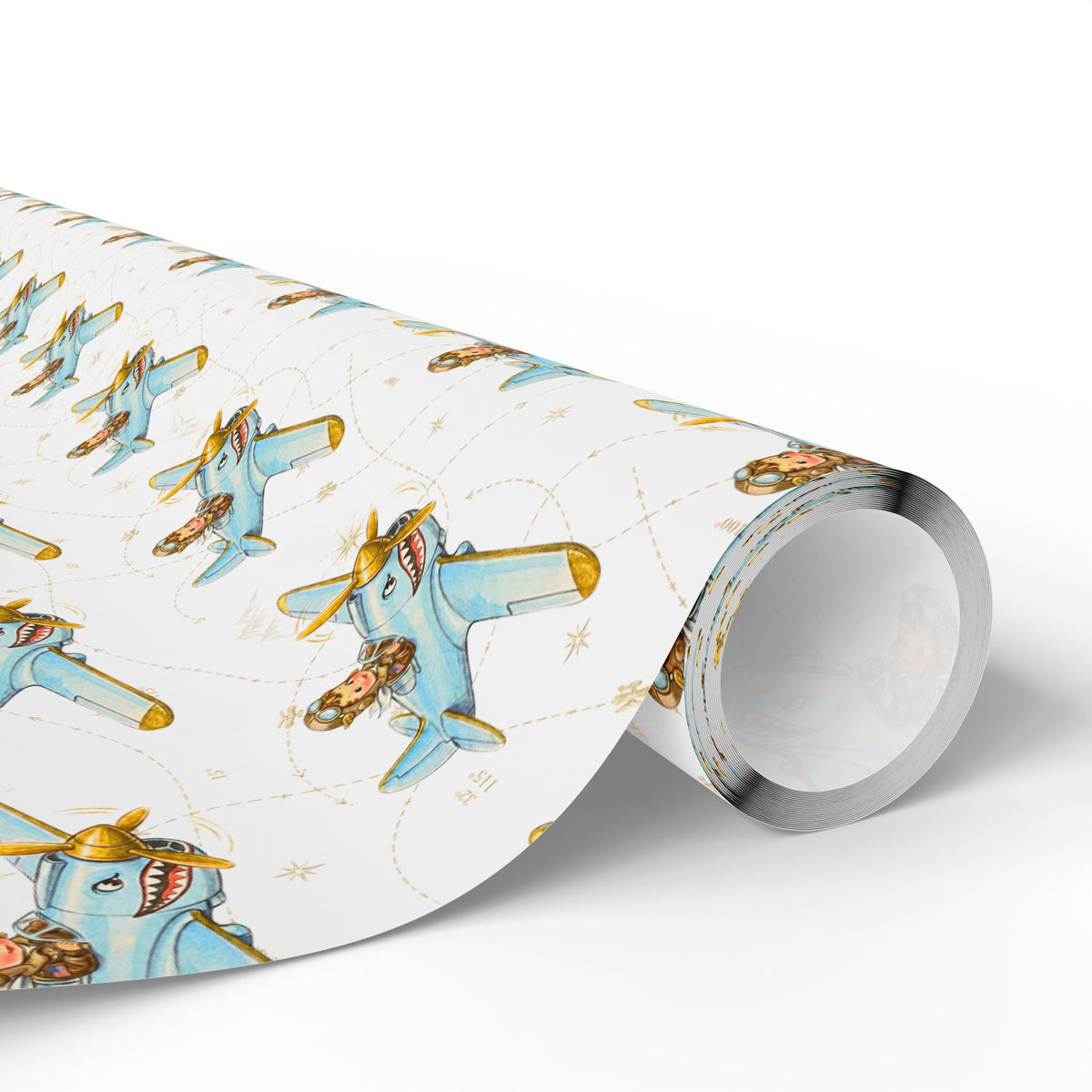 A roll of wrapping paper featuring a repeating pattern of airplanes in blue with gold accents on an ivory background.