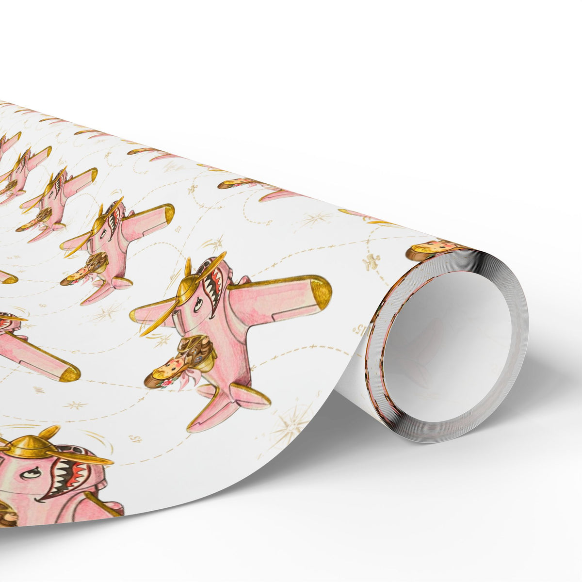 A roll of wrapping paper featuring a repeating pattern of airplanes in pink with gold accents on an ivory background.