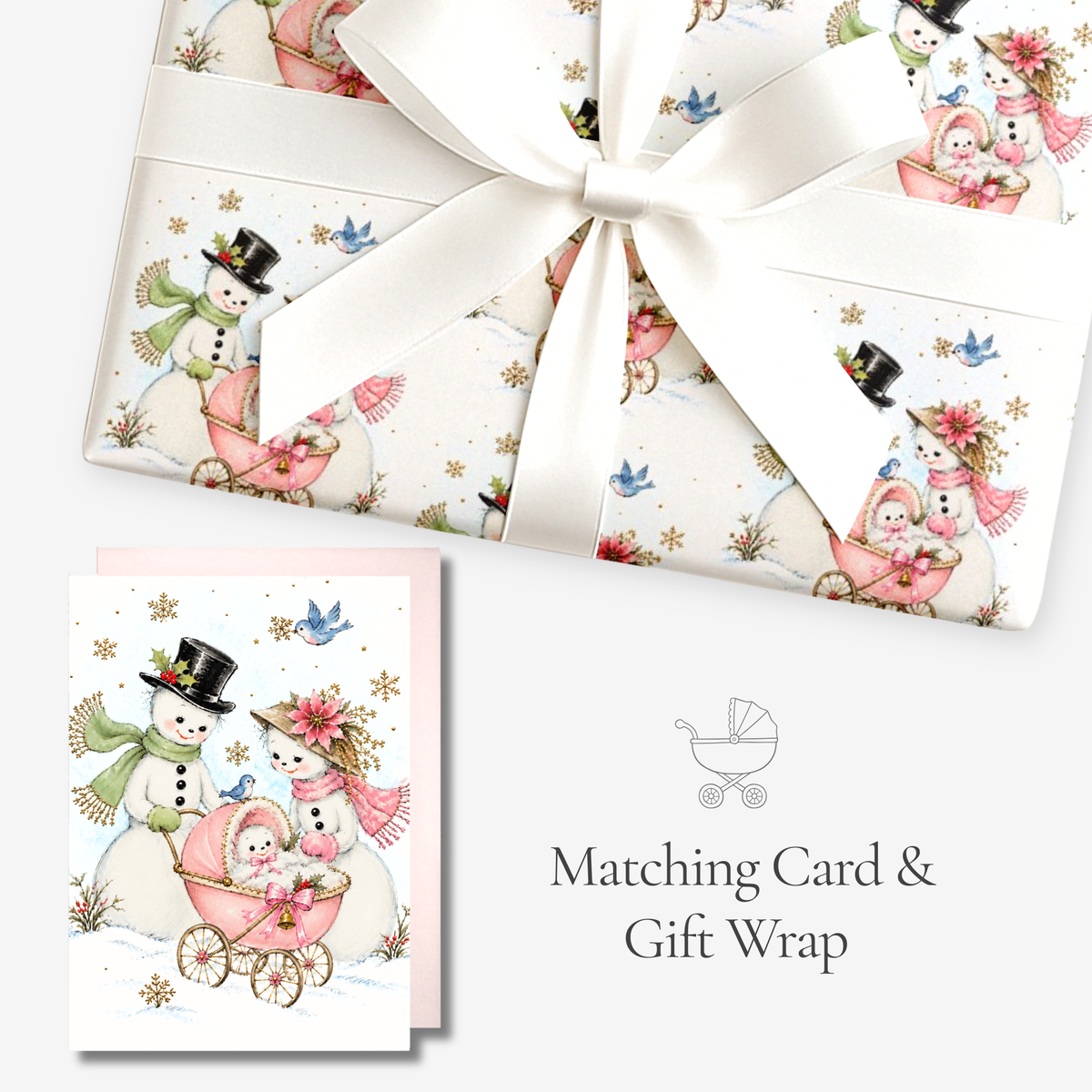 Snowman Baby Girl Christmas Wrapping Paper | Pink Gift Wrap