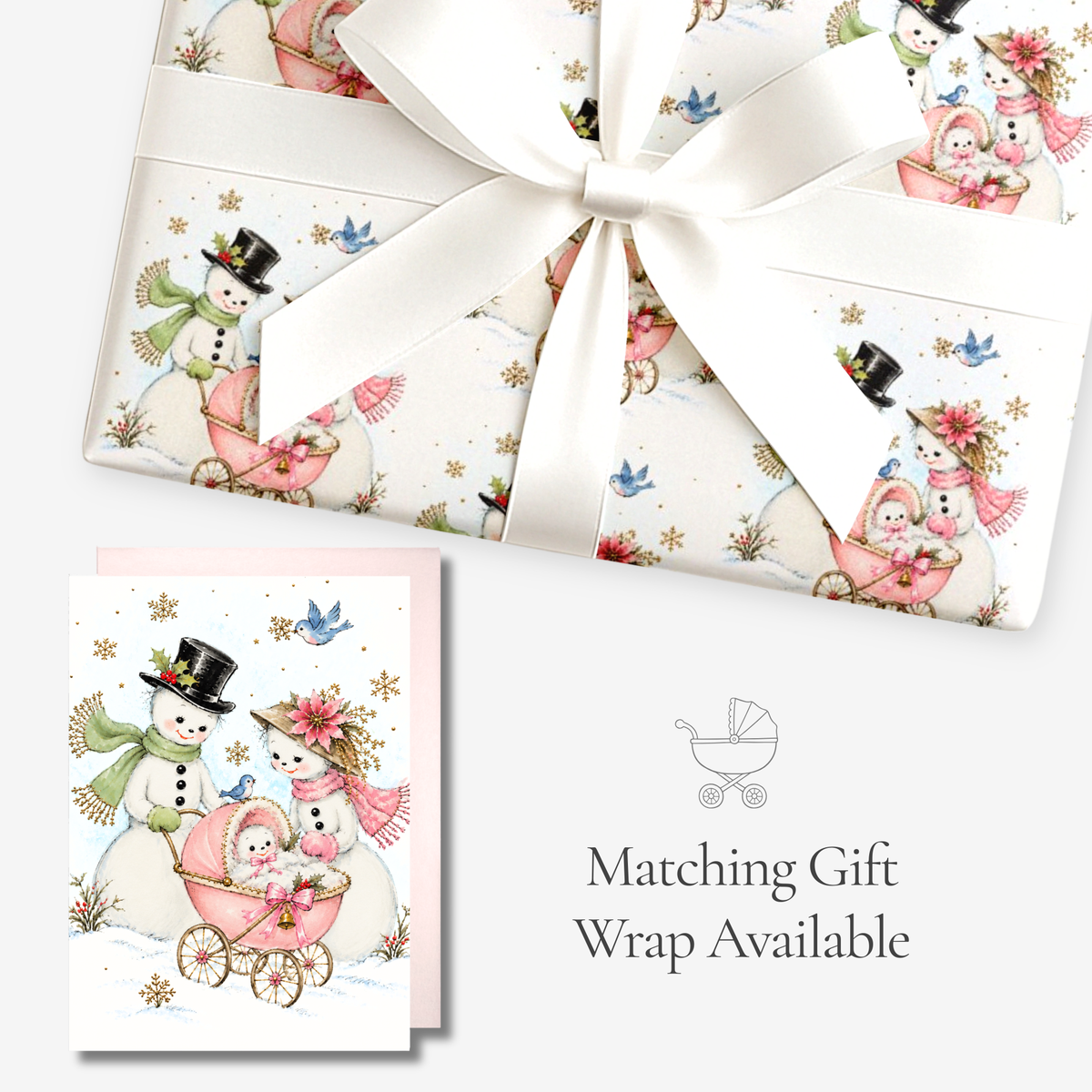 Vintage-style snowman baby girl Christmas card with matching pink baby carriage snowman gift wrap, tied with white satin ribbon